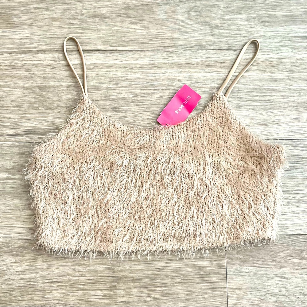 NWT Love Culture Fuzzy Furry Tan Oatmeal Knit Cami Crop Top Size Large
